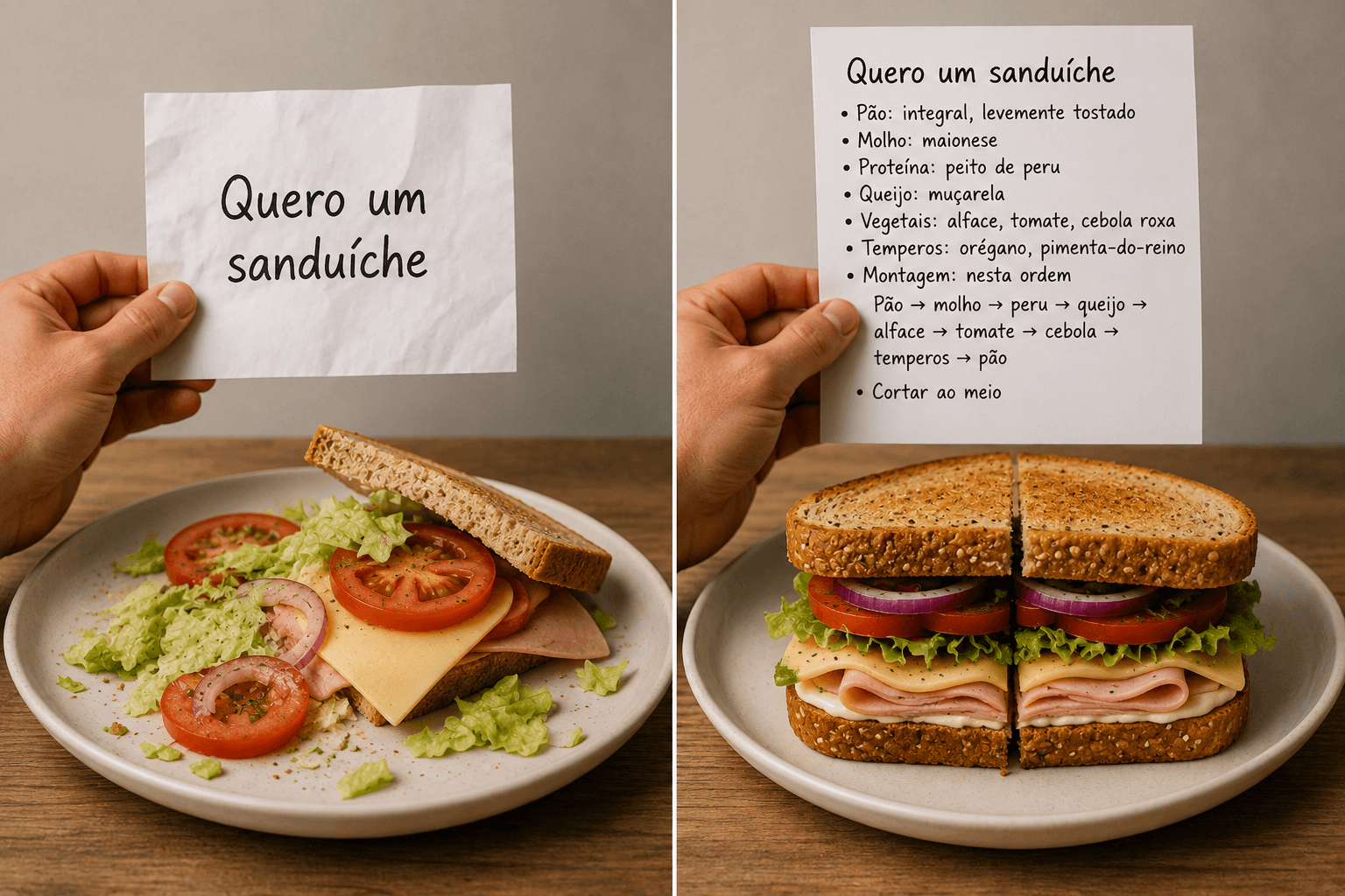 Duas imagens lado a lado em estilo editorial. À esquerda, uma mão segura um pape