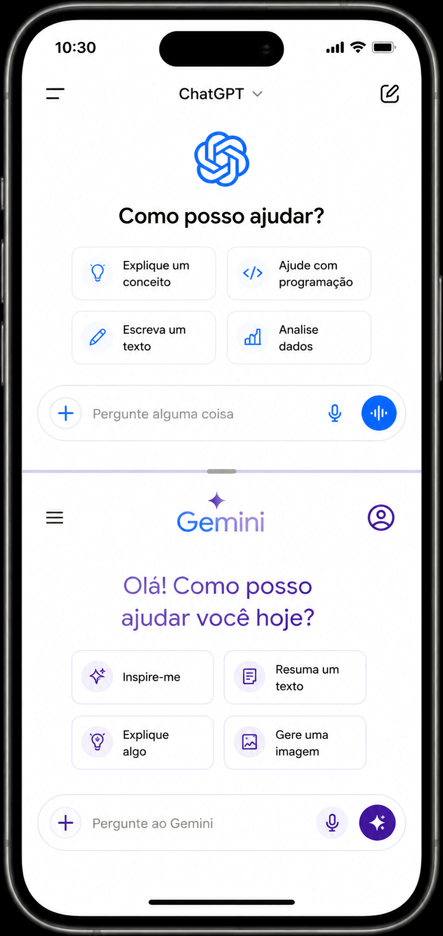 Tela de celular dividida em duas seções. Metade superior mostra a página inicial