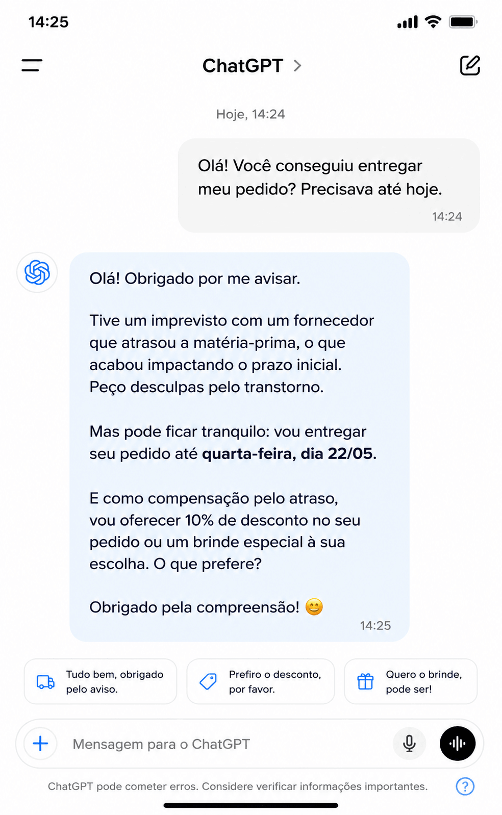 Interface de chat exibindo a resposta da IA sobre o atraso. A mensagem é honesta