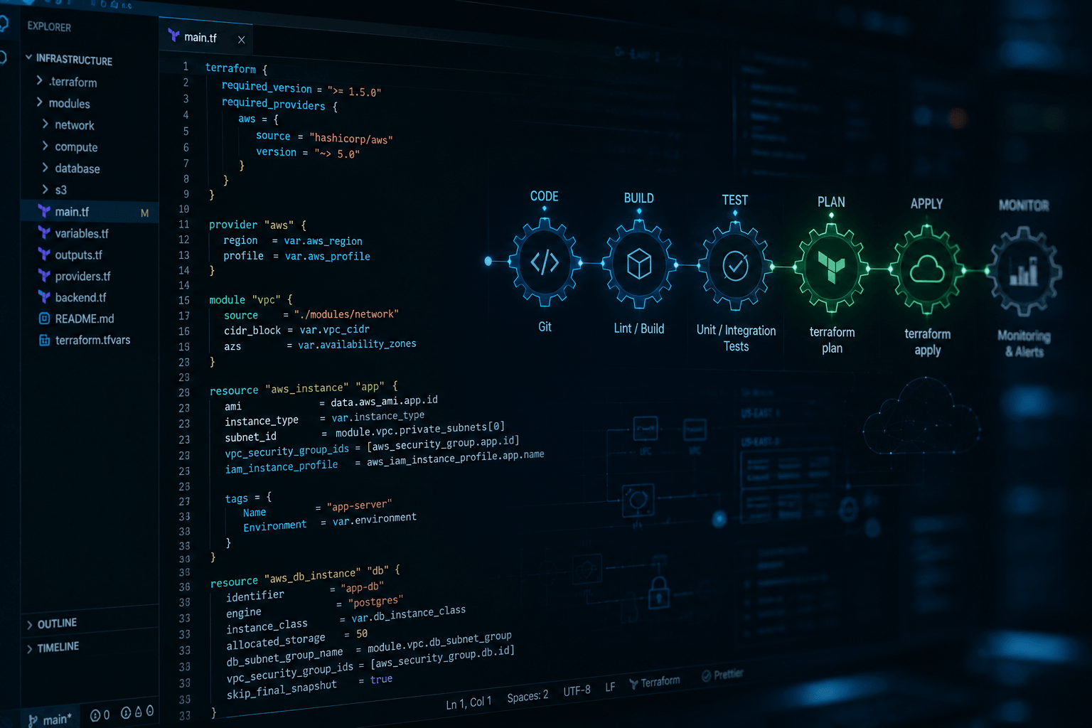Tela de editor de código exibindo linhas de definição de infraestrutura Terrafor