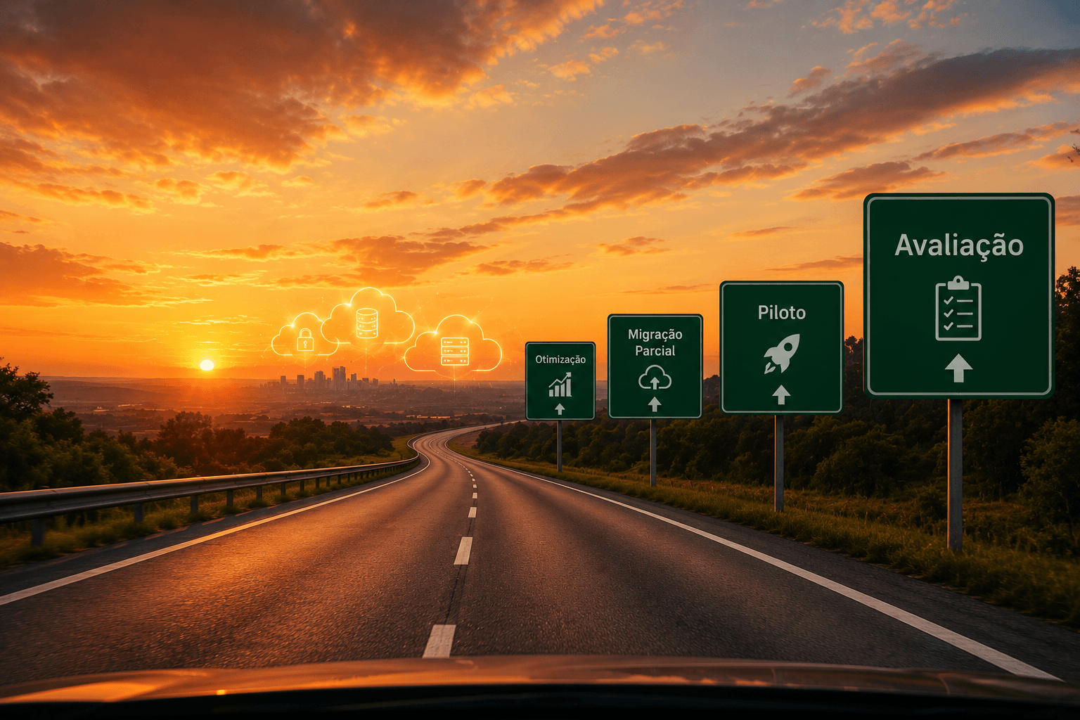 Estrada asfaltada em perspectiva de primeira pessoa, com placas sinalizadoras in
