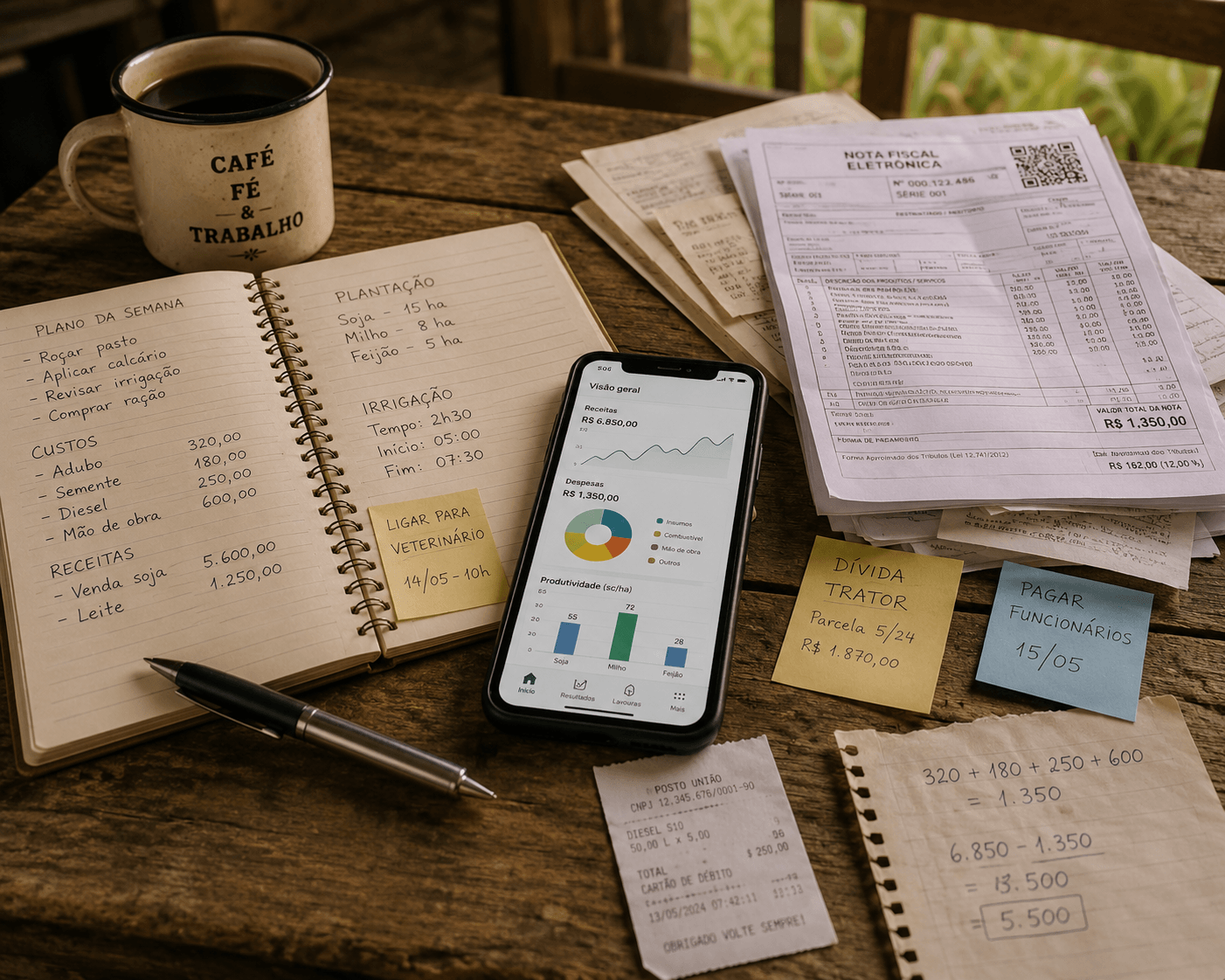 Mesa rústica com um caderno de anotações, um celular exibindo gráficos, uma nota