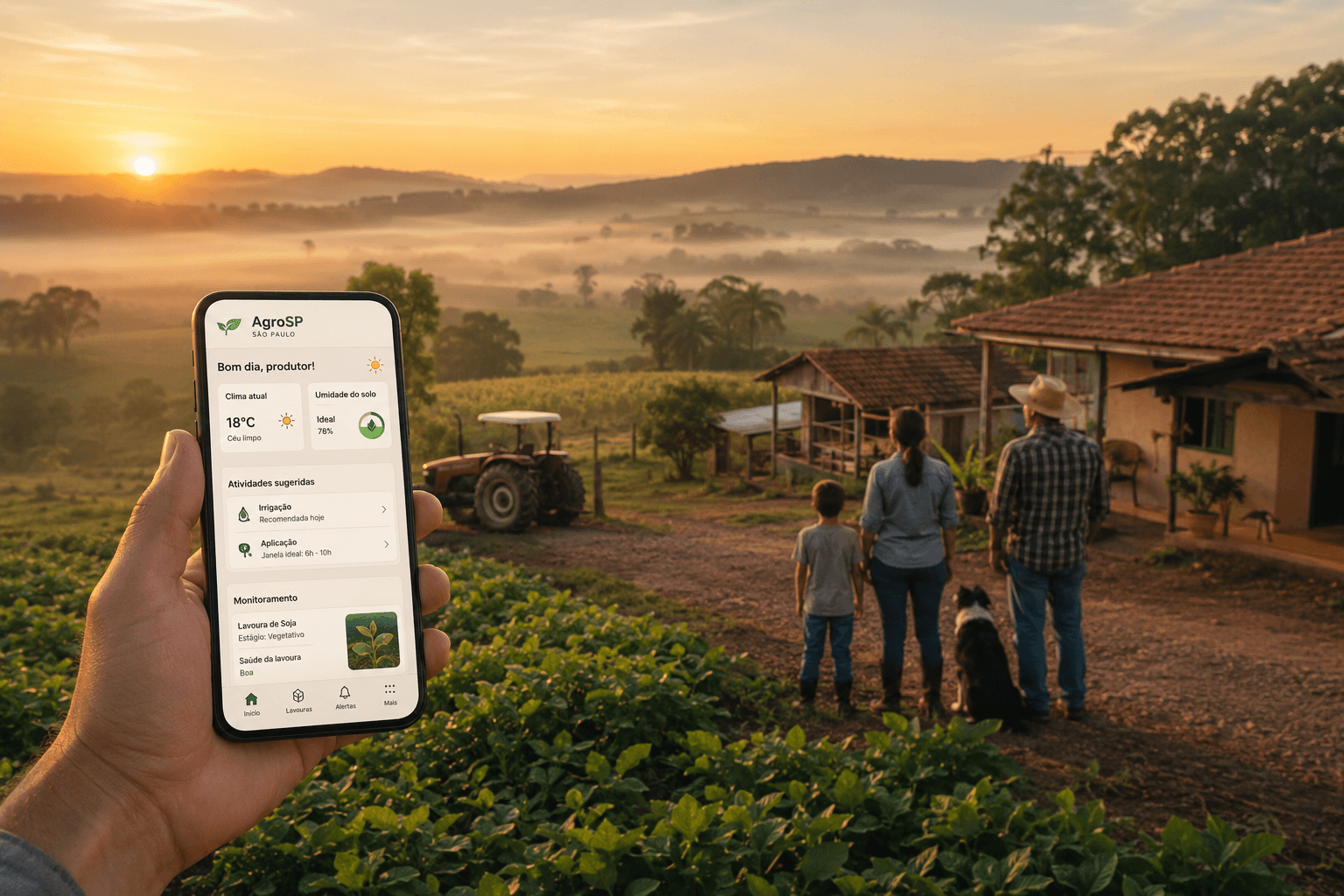 Wide shot of a family farm in interior São Paulo at dawn, with a smartphone in t