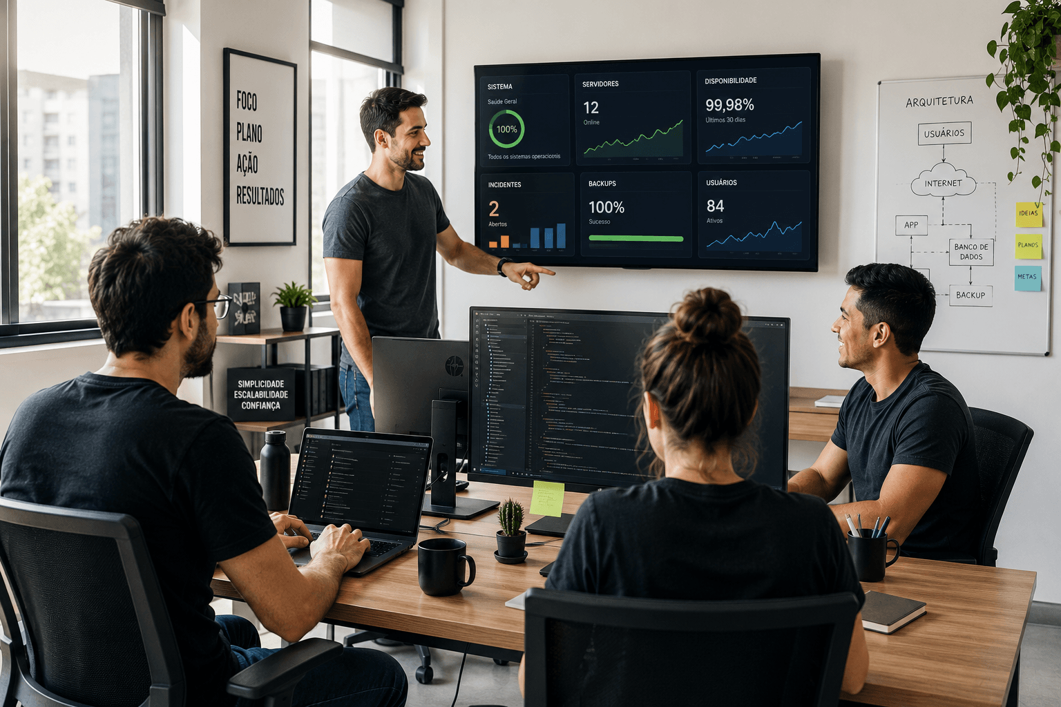 Equipe enxuta de TI em uma PME, ambiente limpo e organizado, monitor com dashboa