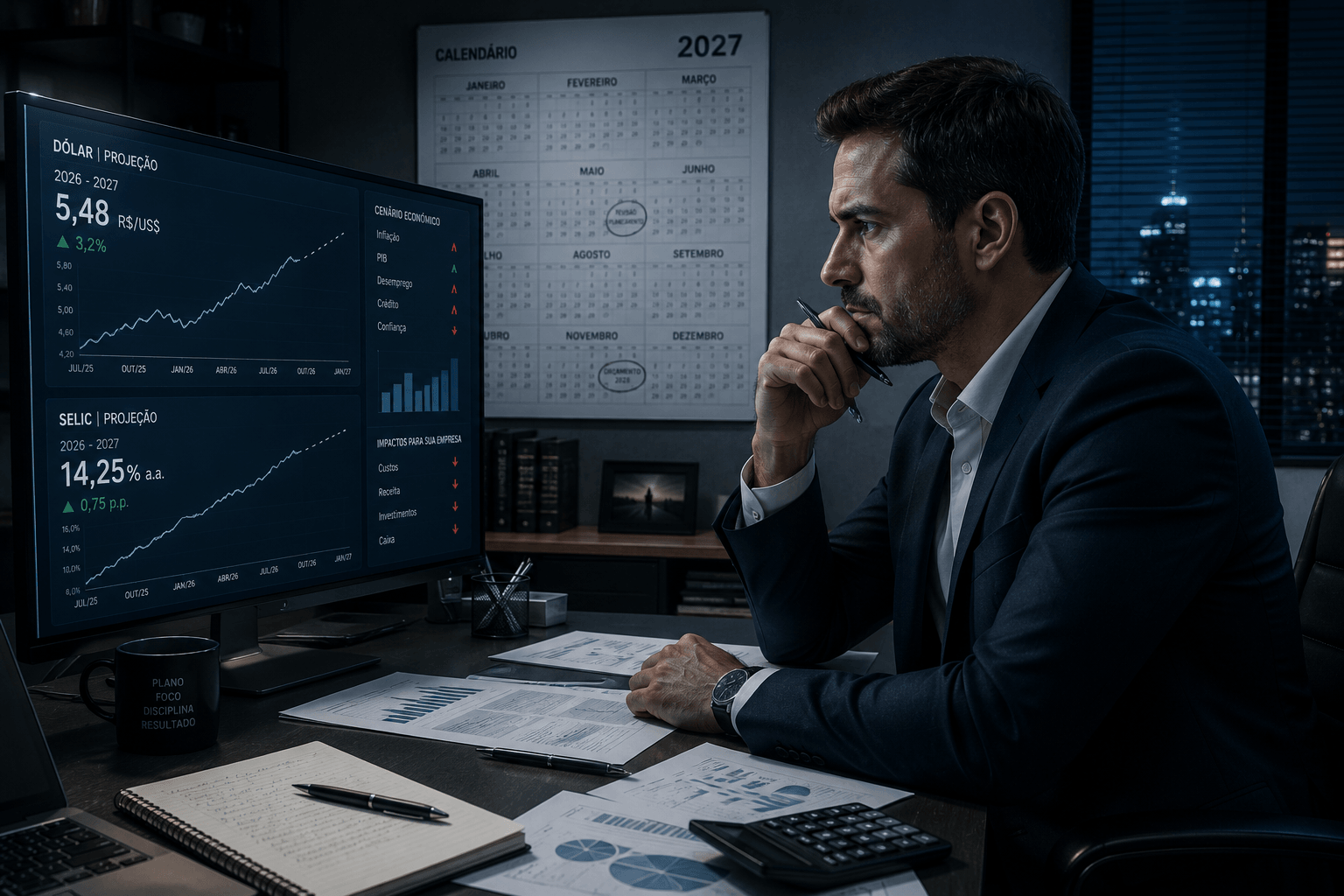 Gestor de PME sentado à mesa, semblante sério e determinado, olhando para uma te